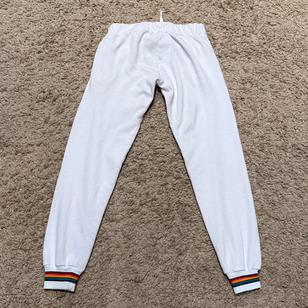 Aviator Nation White Track Joggers with Rainbow Cuff Trim - Picture 5 of 8